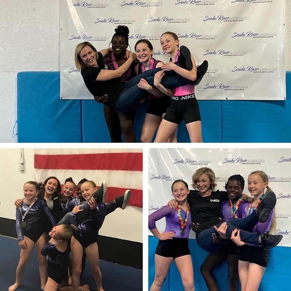 A collage of coaches lifting and posing with gymnasts in front of Snake River Gymnastics banners.