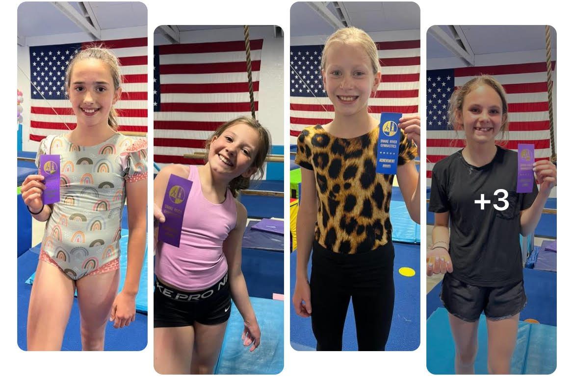 A collage of four young gymnasts holding achievement ribbons in front of an American flag.